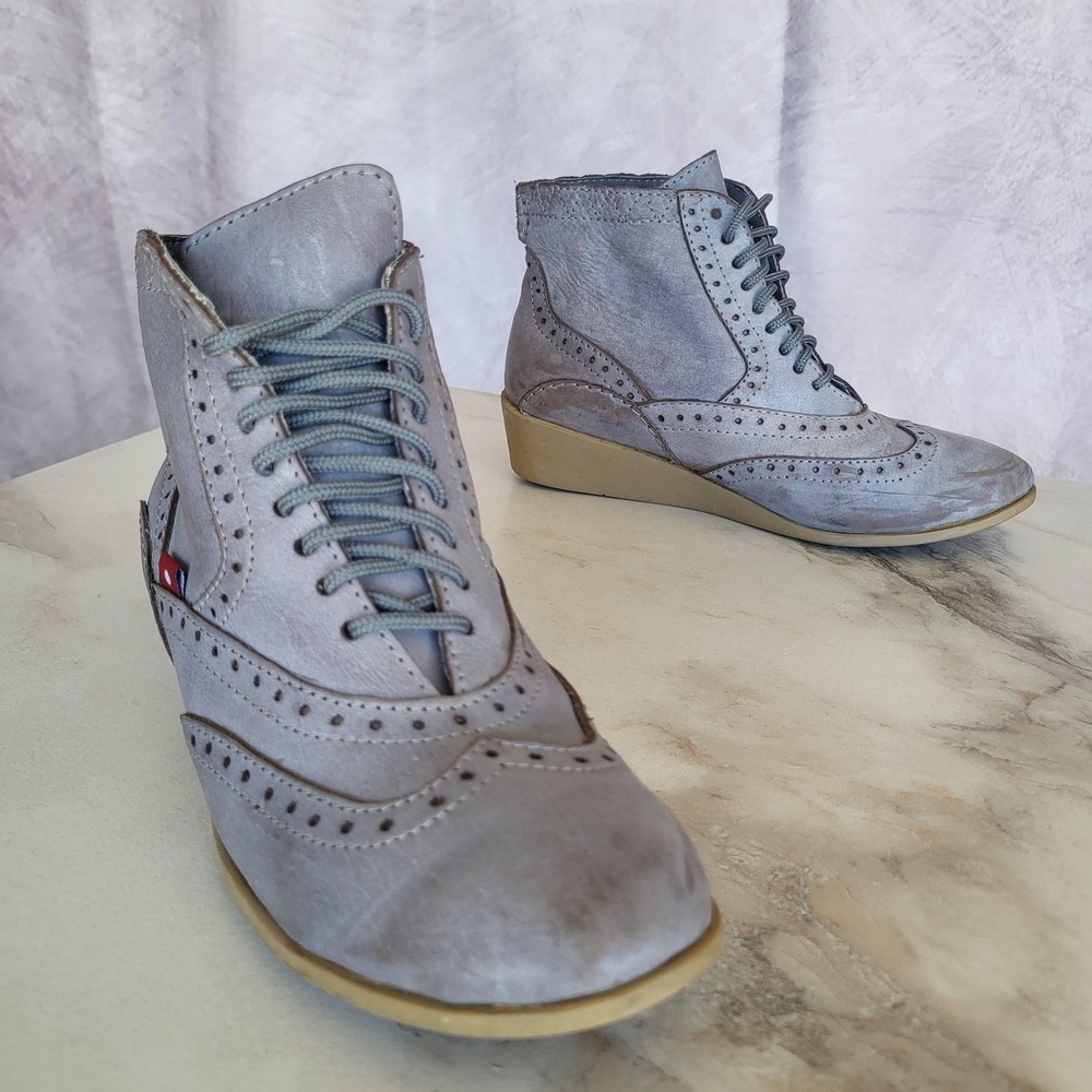 Oliberte Boots Womens Size 8 Gray Leather Wedge Ankle Booties Lace Up Casual